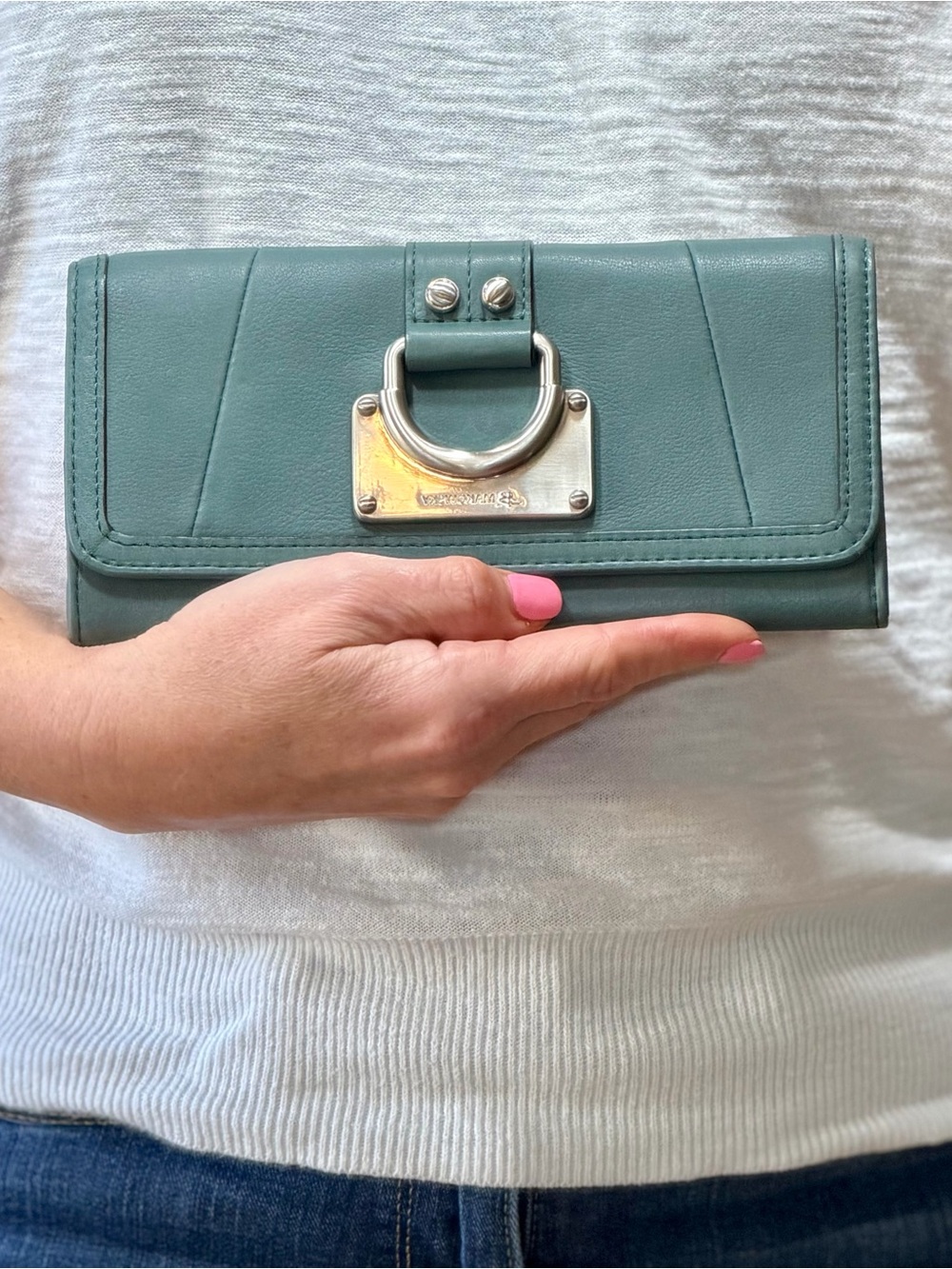 B. Makowsky Rare Vintage McBling Y2K Teal Glove Leather‎ Wallet Clutch EUC
